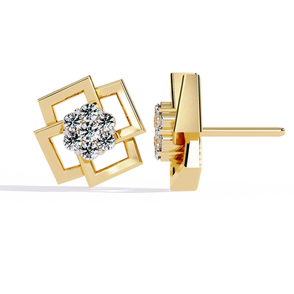 Round Cut Lab Grown Diamond Flower Shape 14K Solid Yellow Gold  Antique Dainty Stud Earring For Eco Friendly Gift