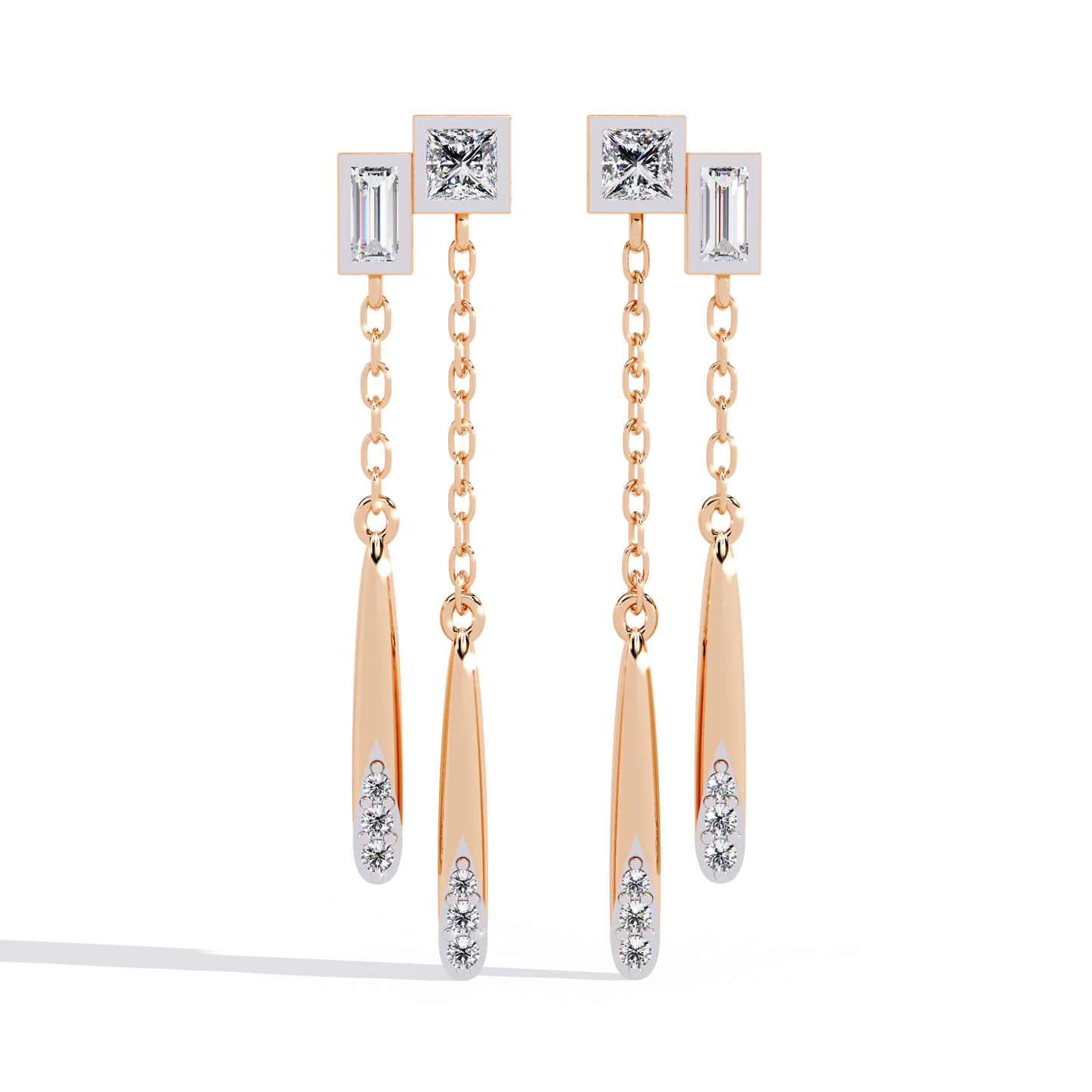 Baguette And Princess Cut Diamond Elegant Classic 10K Solid Yellow Gold Chain Drop Earring Gift For Women's
