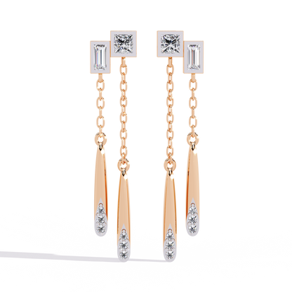 Baguette And Princess Cut Diamond Elegant Classic 10K Solid Yellow Gold Chain Drop Earring Gift For Women's