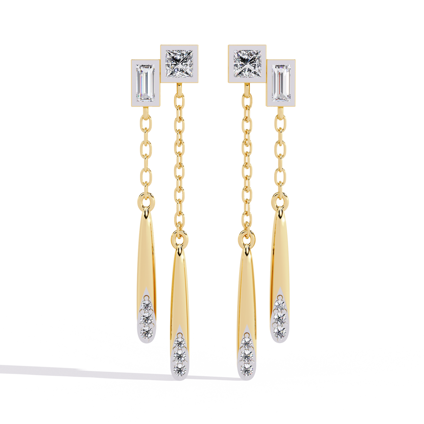 Baguette And Princess Cut Diamond Elegant Classic 10K Solid Yellow Gold Chain Drop Earring Gift For Women's