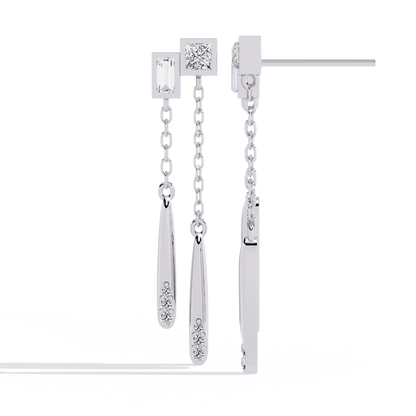 Baguette And Princess Cut Diamond Elegant Classic 10K Solid Yellow Gold Chain Drop Earring Gift For Women's