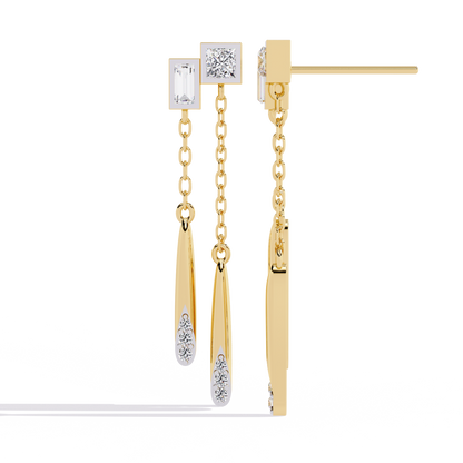 Baguette And Princess Cut Diamond Elegant Classic 10K Solid Yellow Gold Chain Drop Earring Gift For Women's