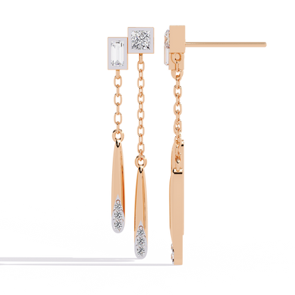 Baguette And Princess Cut Diamond Elegant Classic 10K Solid Yellow Gold Chain Drop Earring Gift For Women's