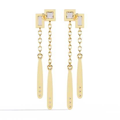 Baguette And Princess Cut Diamond Elegant Classic 10K Solid Yellow Gold Chain Drop Earring Gift For Women's
