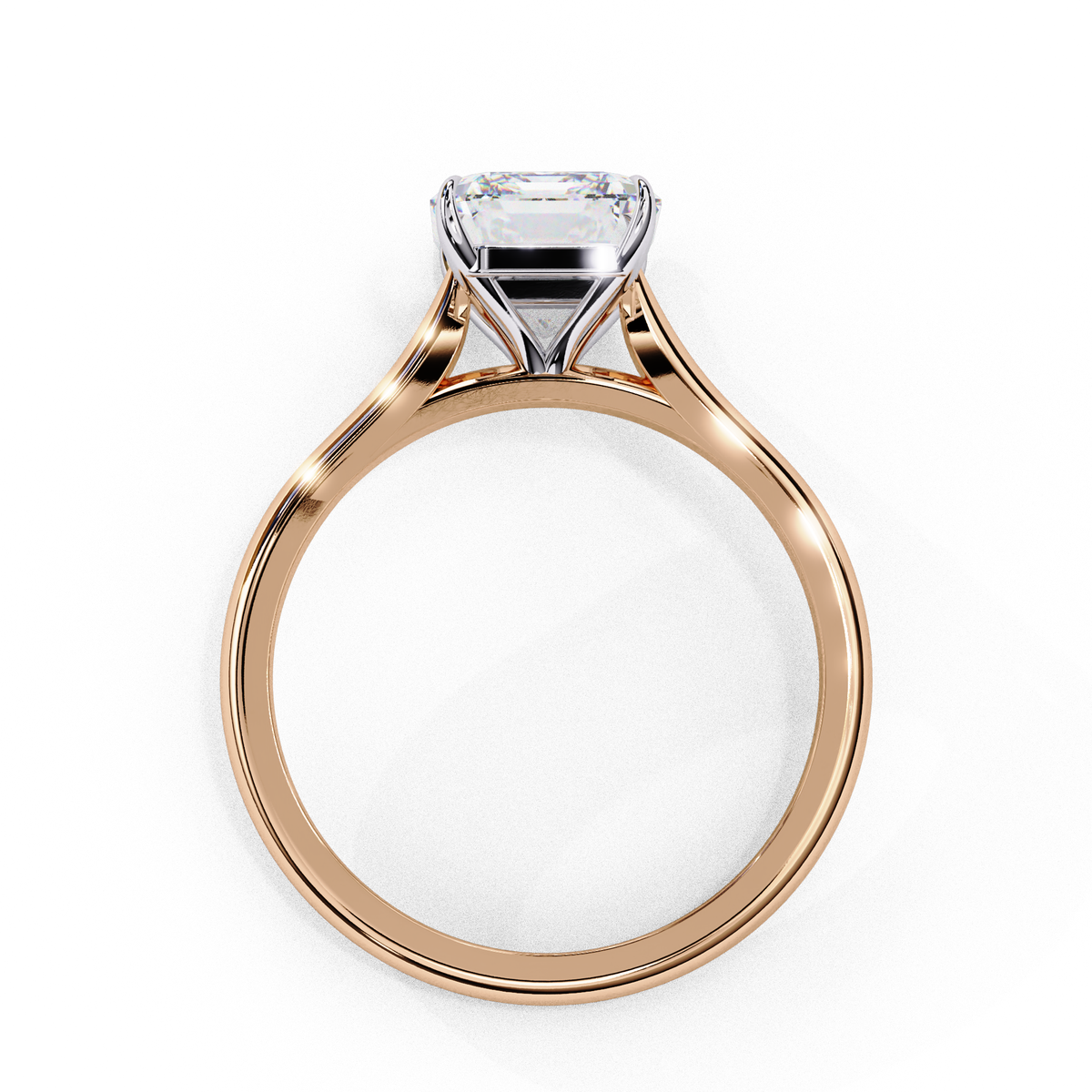 Side profile of emerald cut lab diamond solitaire ring with raised prongs