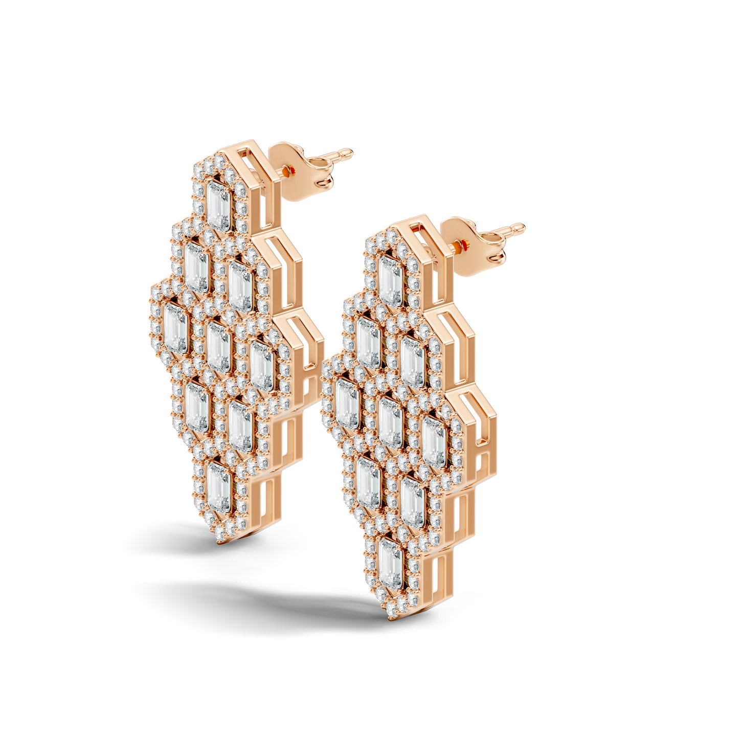 Emerald & Round Shape Natural, Lab Grown Diamond 18k Solid Rose Gold Dainty Wear Women Diamond Earrings