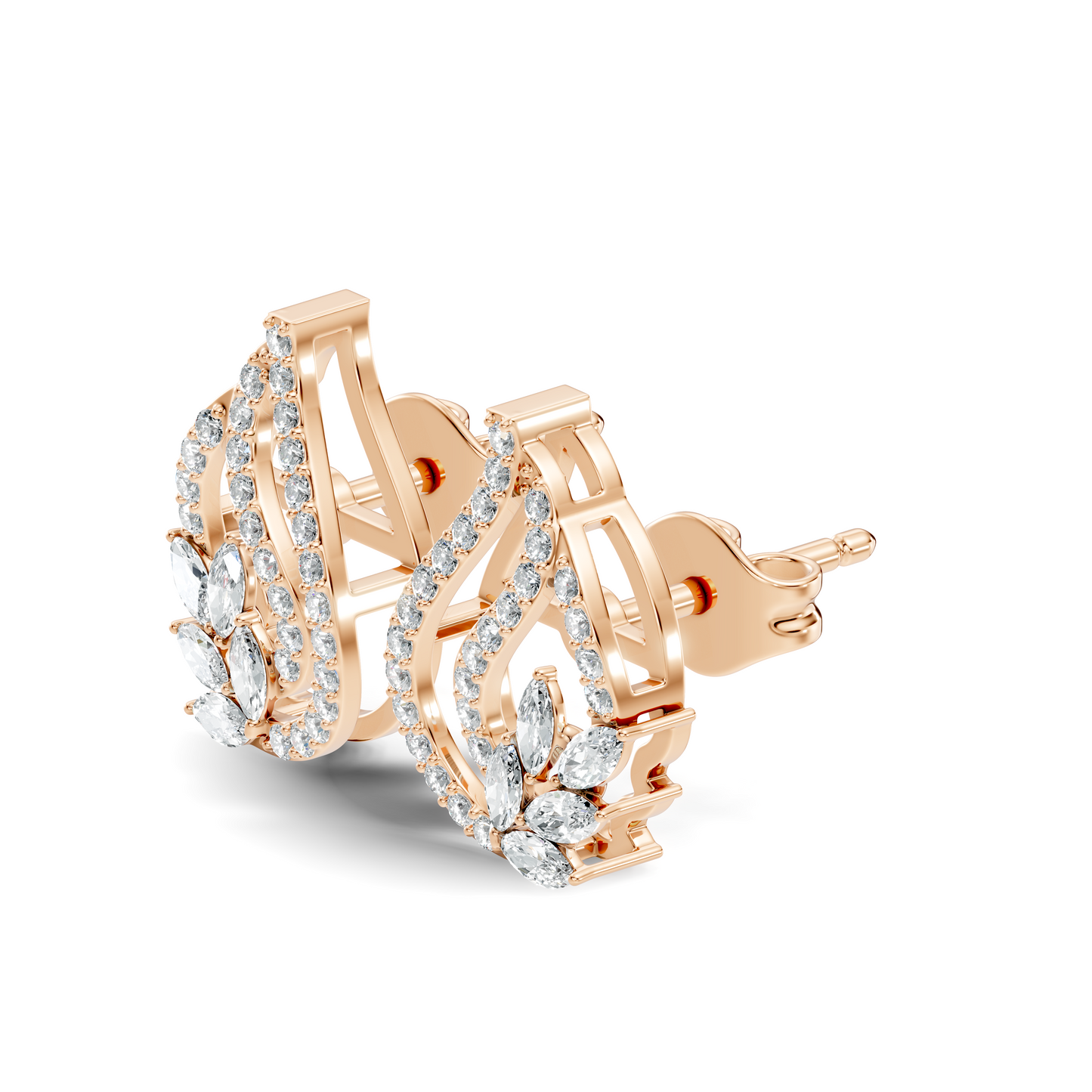 10k Solid White Gold Round And Marquise Shape Lab Grown & Natural Diamond New Style Vintage Minimalist  Diamond Studs Earrings