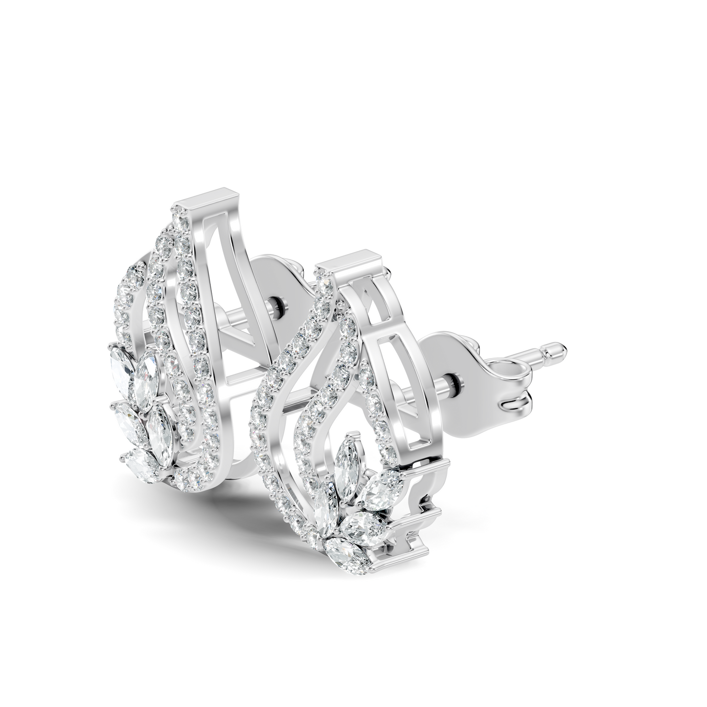 10k Solid White Gold Round And Marquise Shape Lab Grown & Natural Diamond New Style Vintage Minimalist  Diamond Studs Earrings