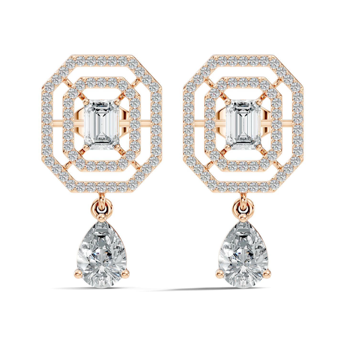 Elegant 2.48 Ct Emerald Cut Diamond Earrings with Pear Drop Accent In 14K Solid Gold