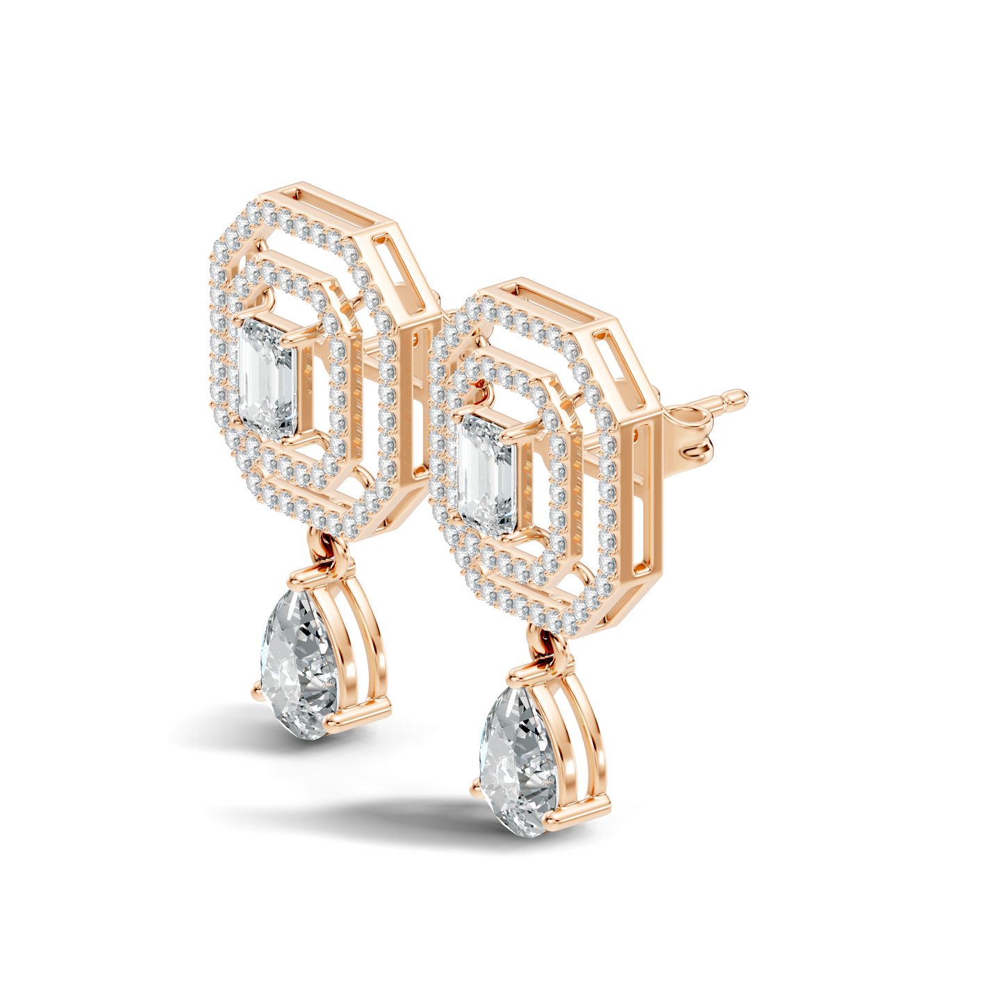 Elegant 2.48 Ct Emerald Cut Diamond Earrings with Pear Drop Accent In 14K Solid Gold