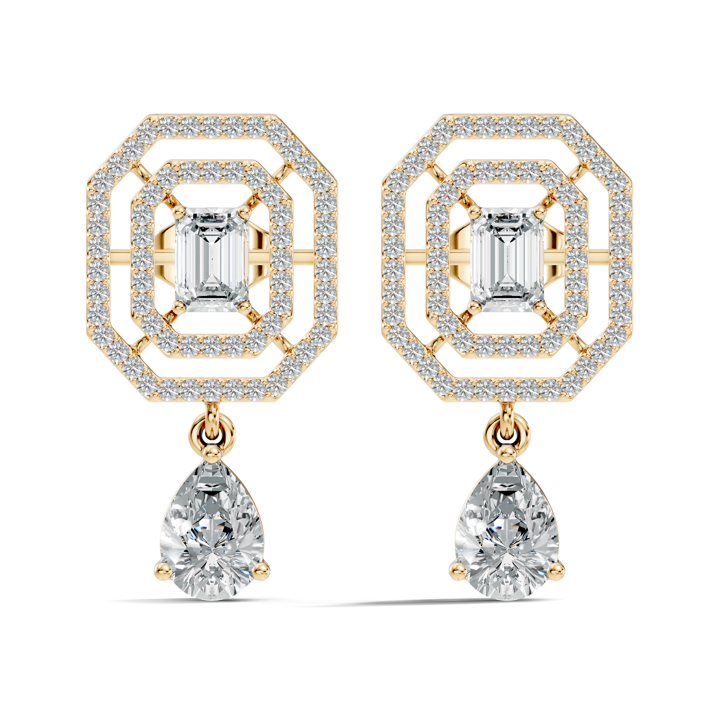 Elegant 2.48 Ct Emerald Cut Diamond Earrings with Pear Drop Accent In 14K Solid Gold