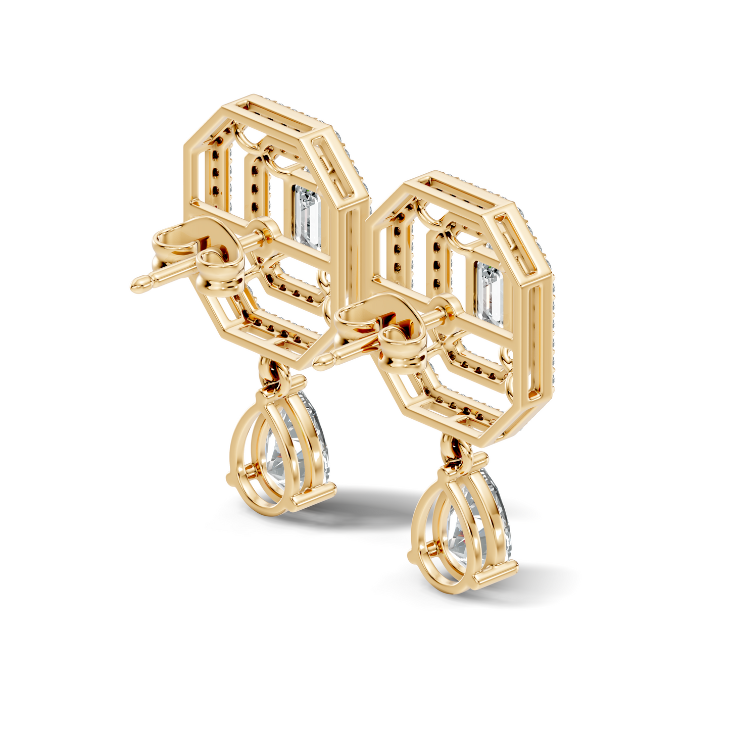 Elegant 2.48 Ct Emerald Cut Diamond Earrings with Pear Drop Accent In 14K Solid Gold