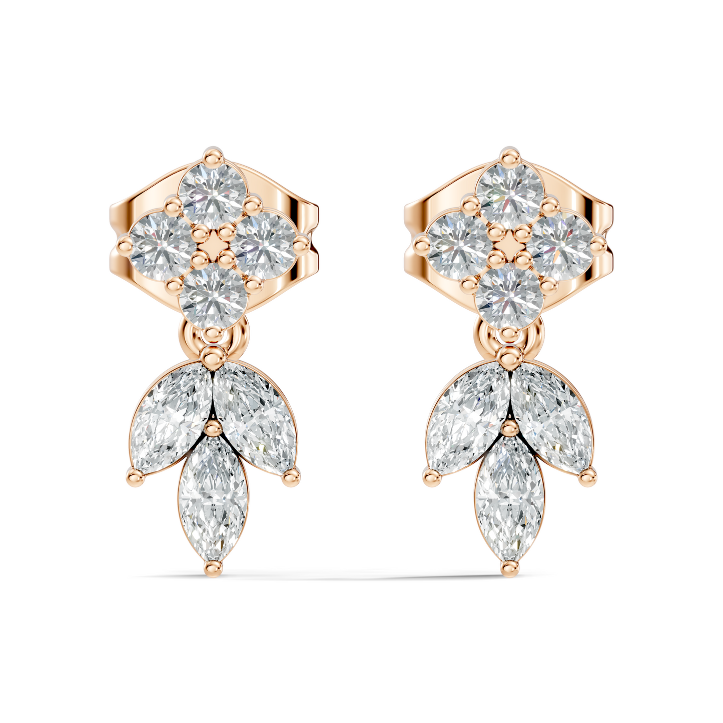 Round & Marquise Shape 14k Solid Rose Gold  Lab Grown-Natural Diamond Elegance Affordable Shinning Earrings For Women Anniversary gift