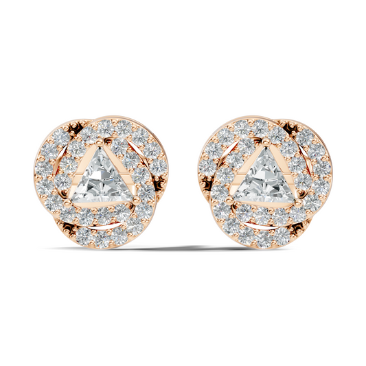 Triangle & Round Shape 18k Solid Rose Gold Dazzling Sparkle Unique Style Earrings For Surprise Gift