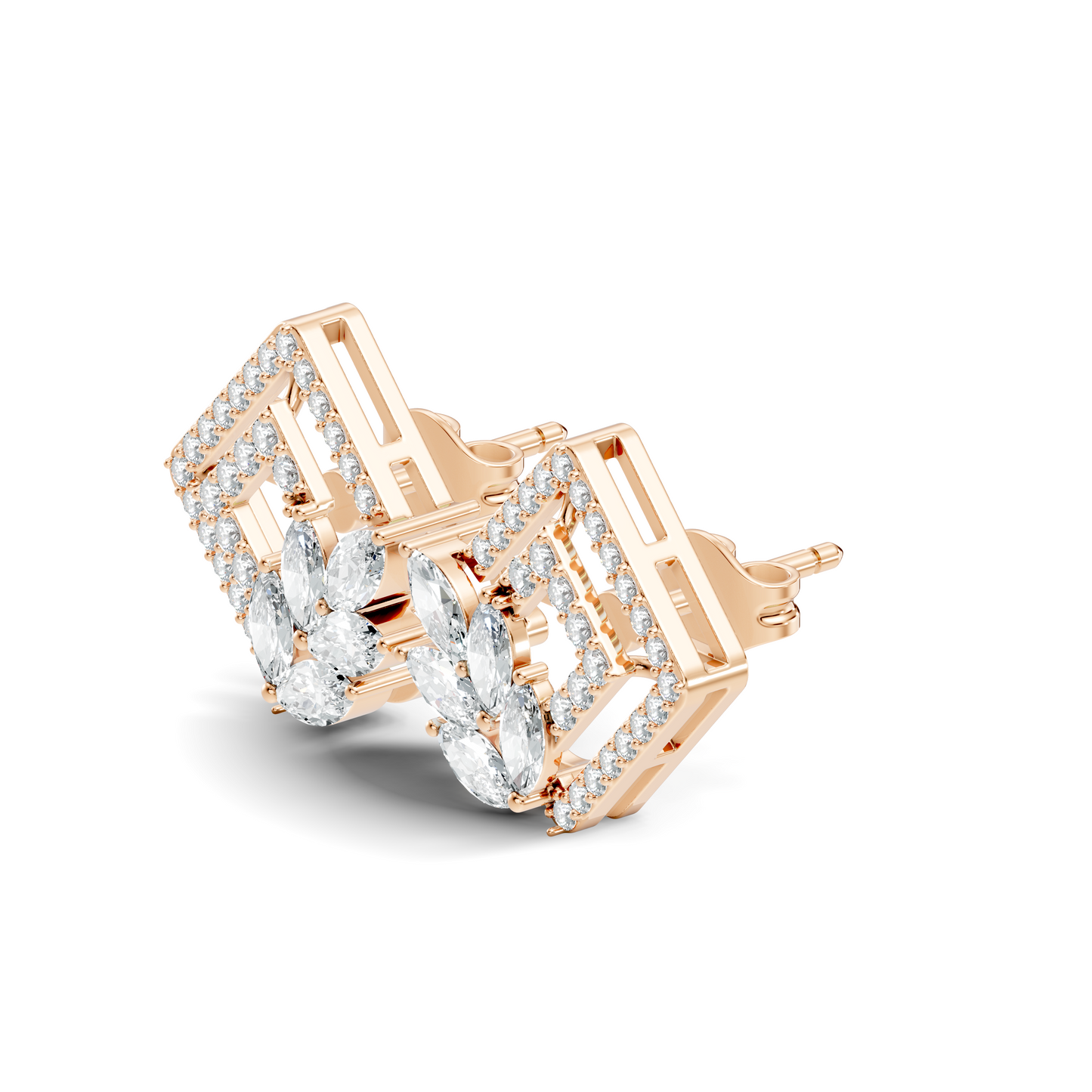 Round & Marquise shape Lab Grown-Natural Diamond 14k Solid Rose Gold Earrings For Women