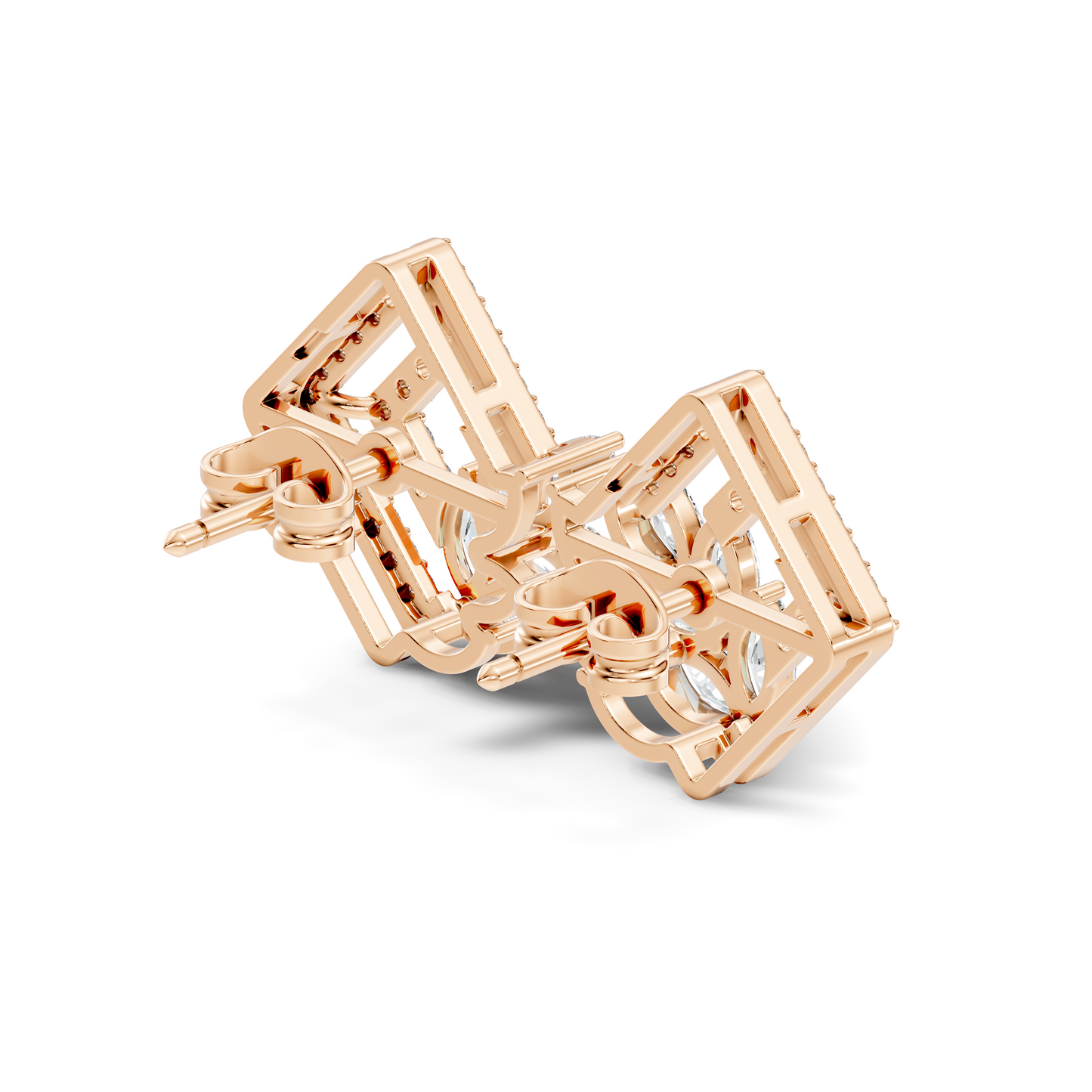 Round & Marquise shape Lab Grown-Natural Diamond 14k Solid Rose Gold Earrings For Women