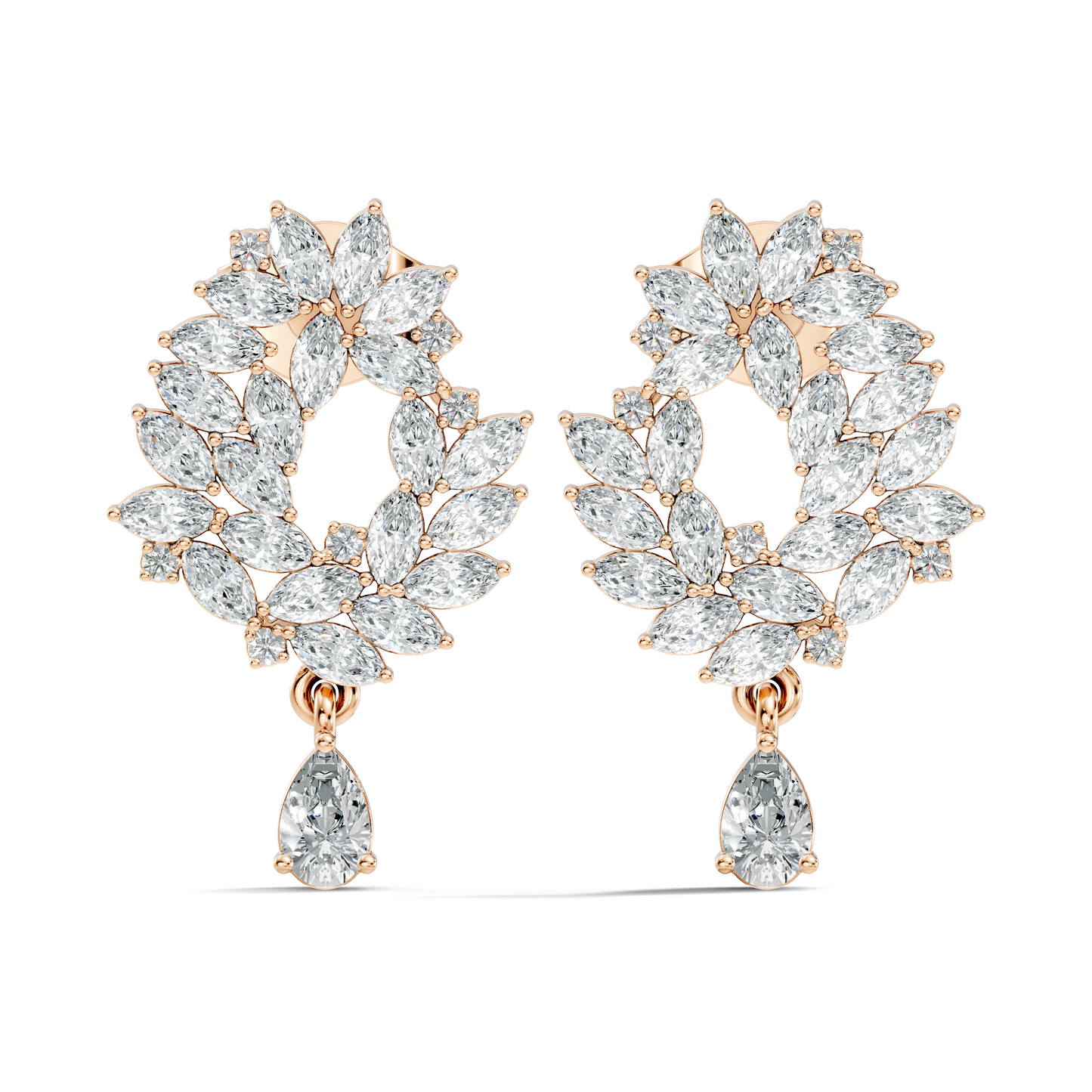 14K Rose Gold Marquise Cluster Earrings with Pear Drop Wedding & Party Jewelry For Her