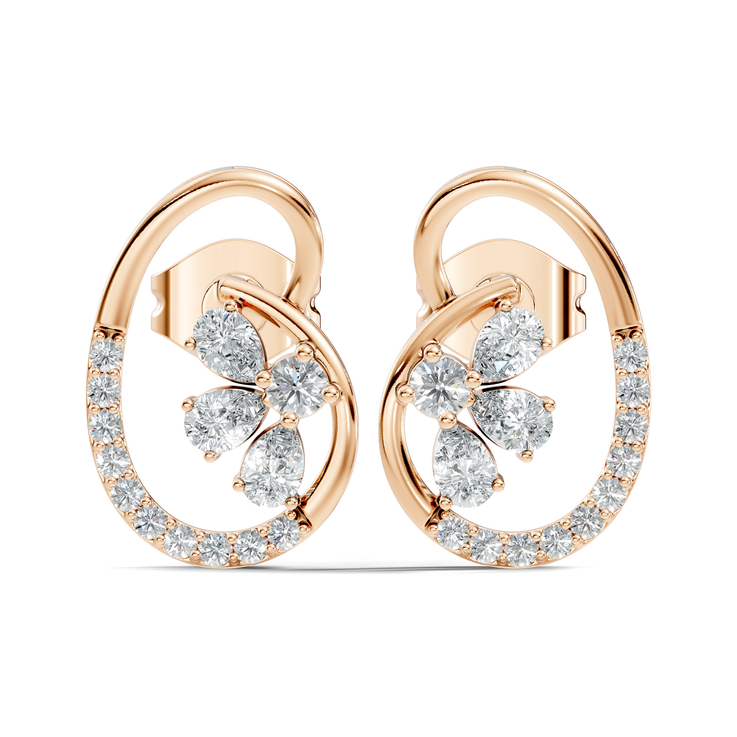 Elegant Oval Frame Floral Pear And Round Diamond Stud Earrings In 14K Solid Rose Gold