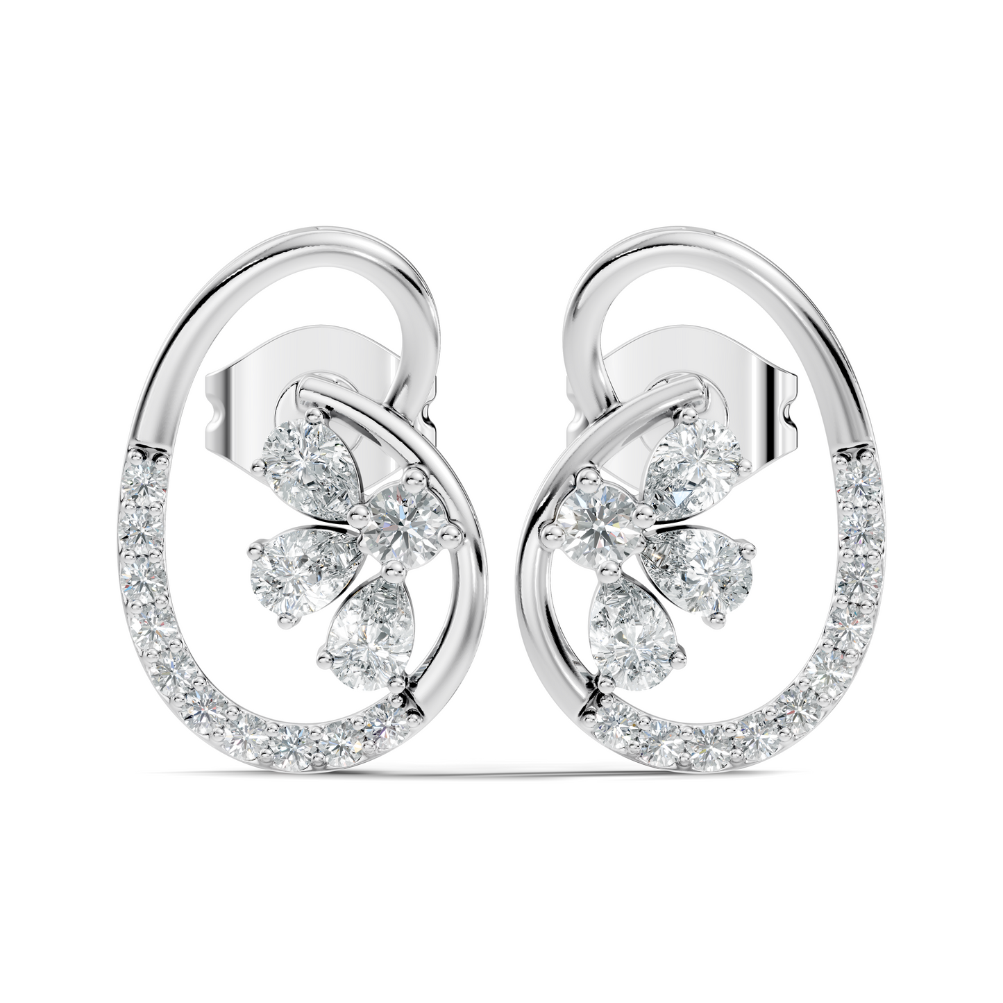 Elegant Oval Frame Floral Pear And Round Diamond Stud Earrings In 14K Solid Rose Gold