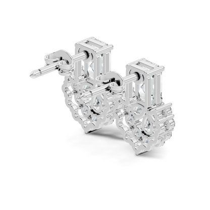 Emerald Cut & Cluster Diamond Stud Earrings In 18K White Gold Luxury Statement Design