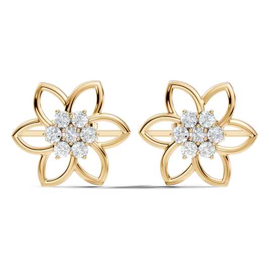18k White Gold Round Cut Top Grade Diamond FlowerDainty Art Deco Stud Earring For Womens