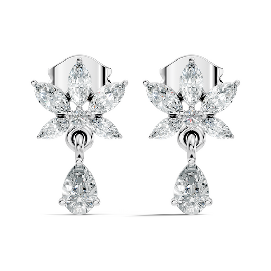 Vintage Marquise And Round Diamond Pear Drop Earring For Her In 14K Solid White Gold