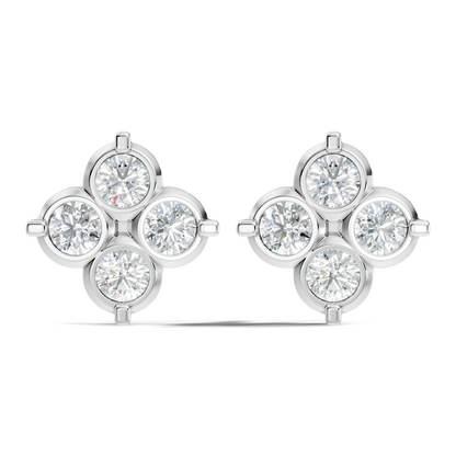 Luxury 14K Labgrown Gold Diamond Stud Earrings Four-Stone Round Bezel Set Cluster Style