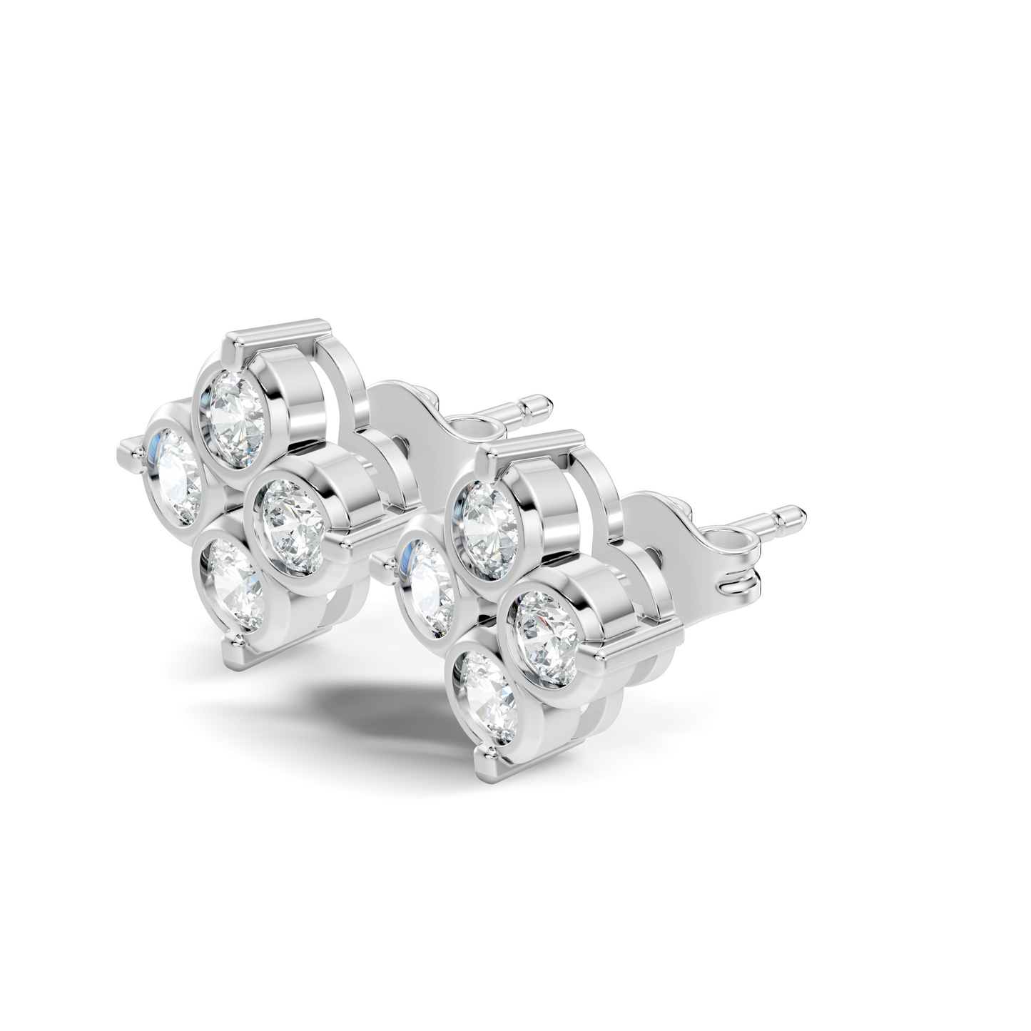 Luxury 14K Labgrown Gold Diamond Stud Earrings Four-Stone Round Bezel Set Cluster Style