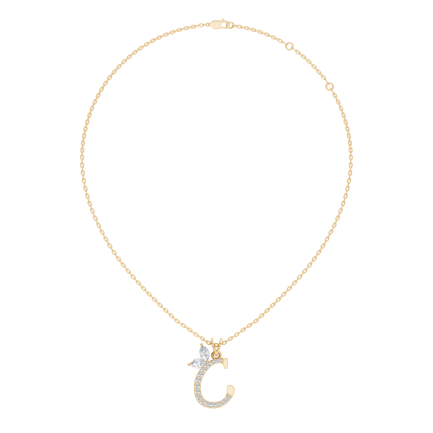 14K Solid Yellow Gold Marquise and Round Cut Diamond C Alphabet Pendant For Her
