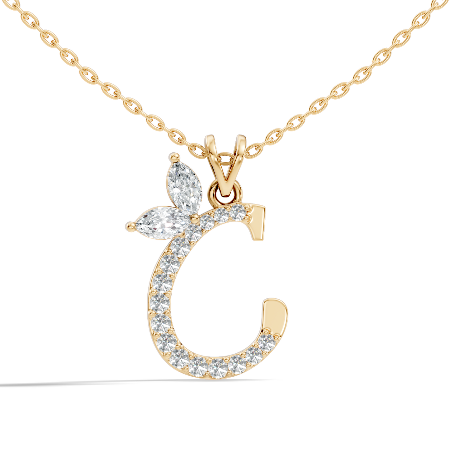 14K Solid Yellow Gold Marquise and Round Cut Diamond C Alphabet Pendant For Her