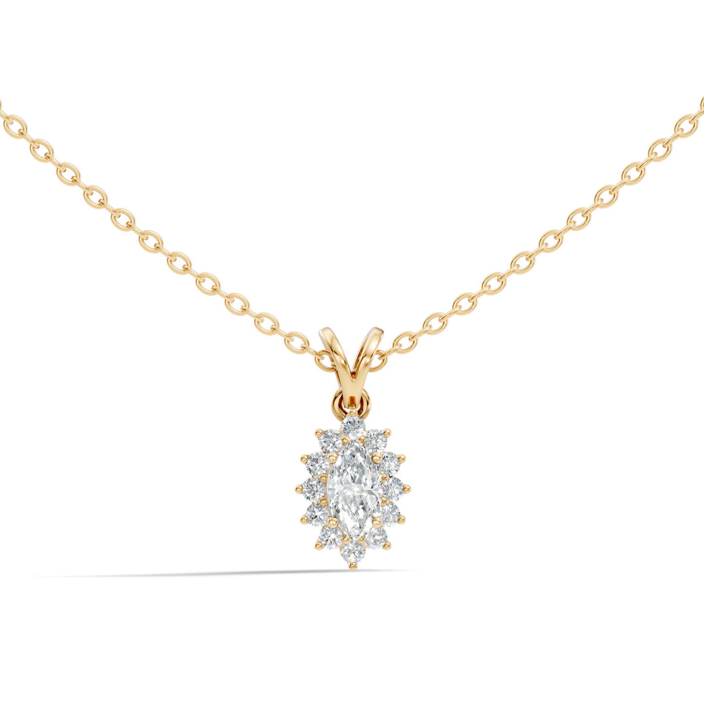 14K Solid Gold Vintage Halo Pendant with Marquise Cut Lab-Grown Diamond