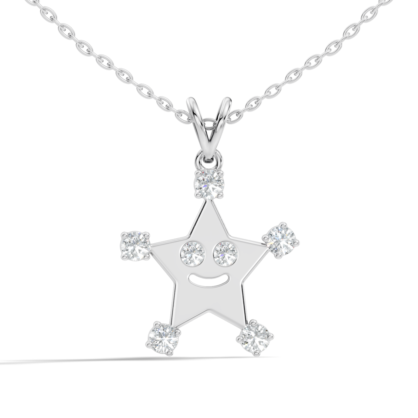 Unique Round Cut Diamond Smiley Star Pendant  Eco-Friendly Gift In 14K White Gold