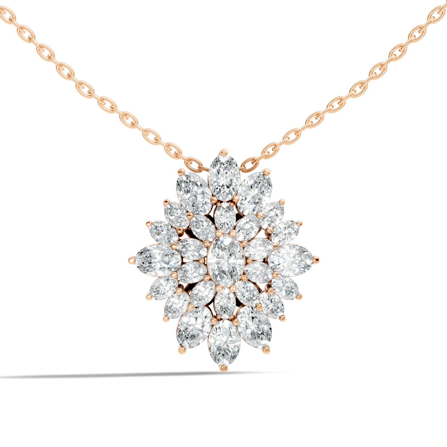 Lab Grown Diamond Sunburst Cluster Pendant 14K Rose Gold NecklaceTimeless Floral Design Jewelry