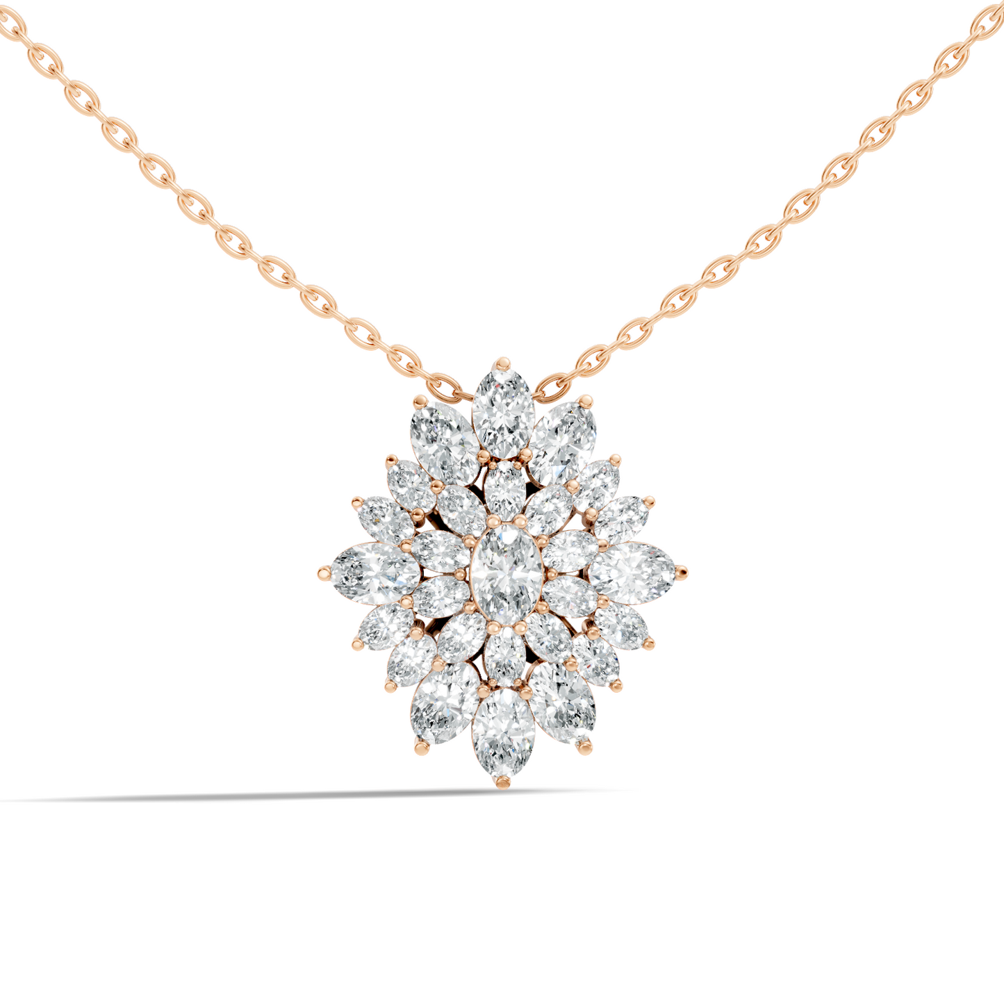 Lab Grown Diamond Sunburst Cluster Pendant 14K Rose Gold NecklaceTimeless Floral Design Jewelry