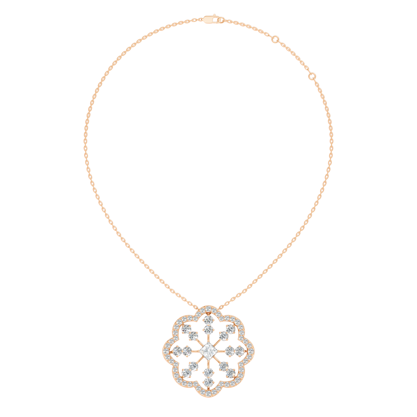Princess Cut Lab-Grown Diamond Pendant Vintage Geometric Ornate Floral 14K Rose Gold Necklace