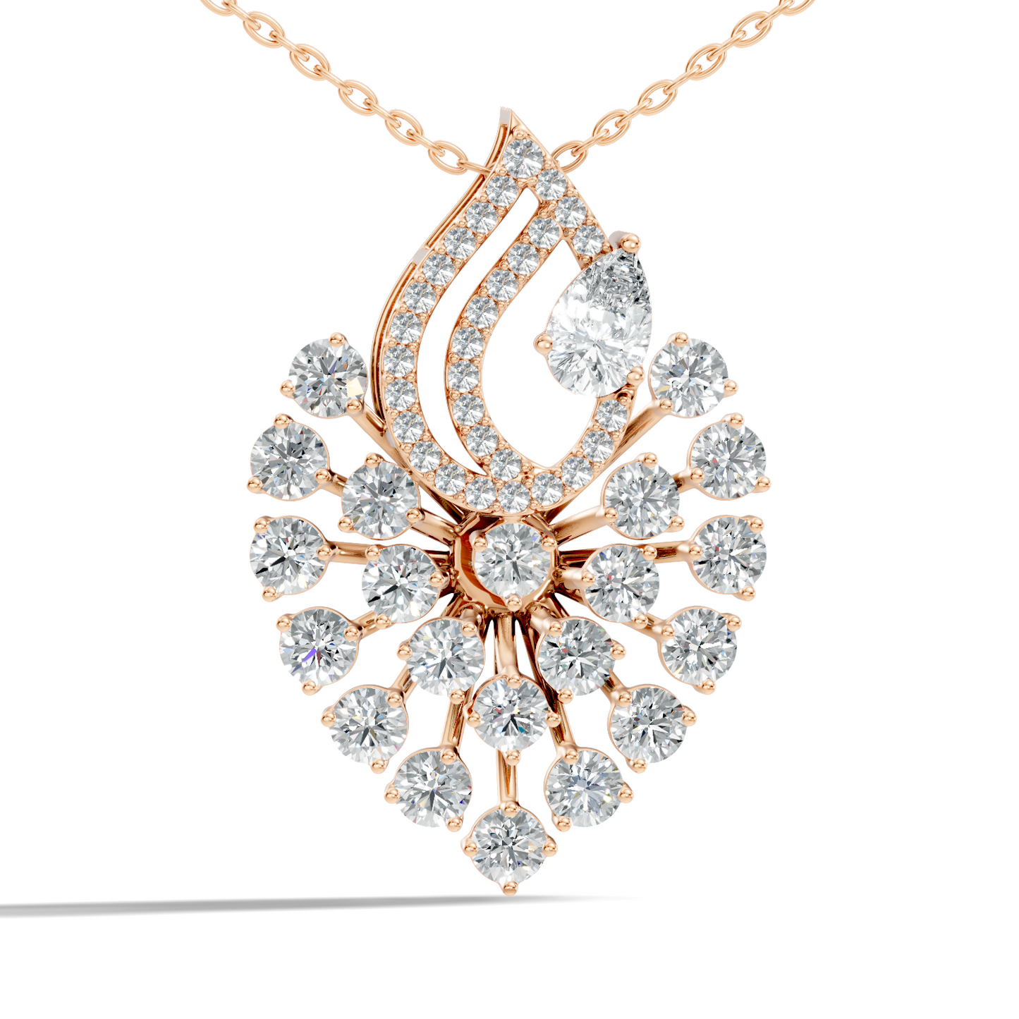 Pear And Round 4.07 CT Lab-Grown Diamond 14K Rose Gold Luxury Jewelry Peacock Feather Pendant