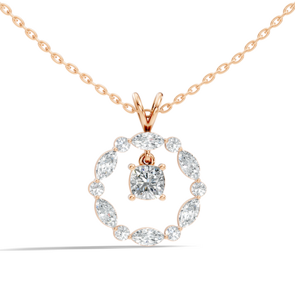 Round Lab-Grown Diamond Circle Pendant For Her Cushion & Marquise Design In 14K Gold