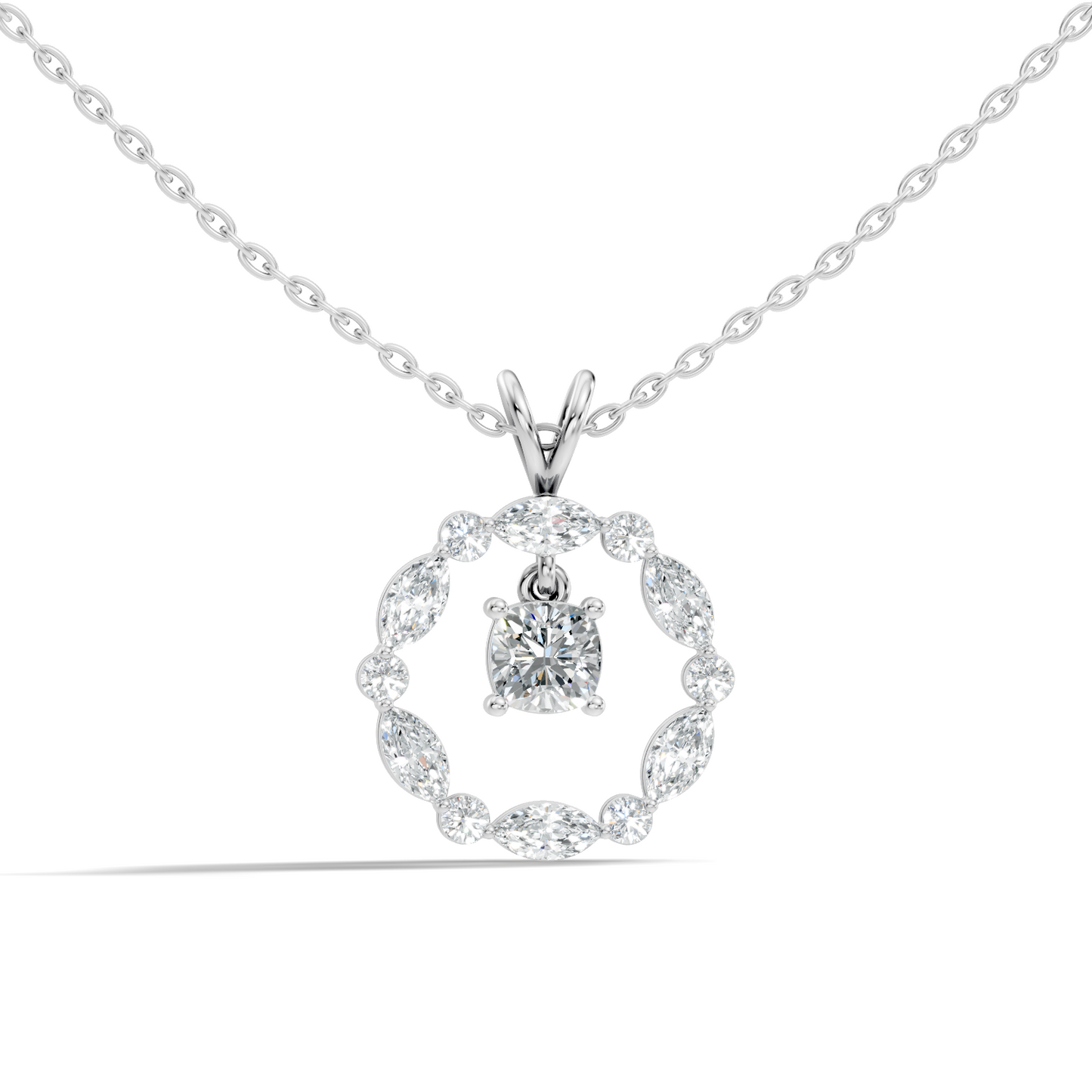 Round Lab-Grown Diamond Circle Pendant For Her Cushion & Marquise Design In 14K Gold