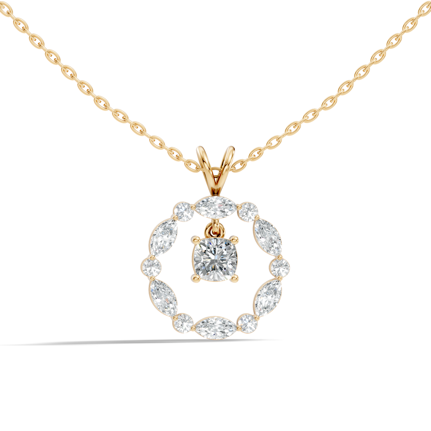 Round Lab-Grown Diamond Circle Pendant For Her Cushion & Marquise Design In 14K Gold