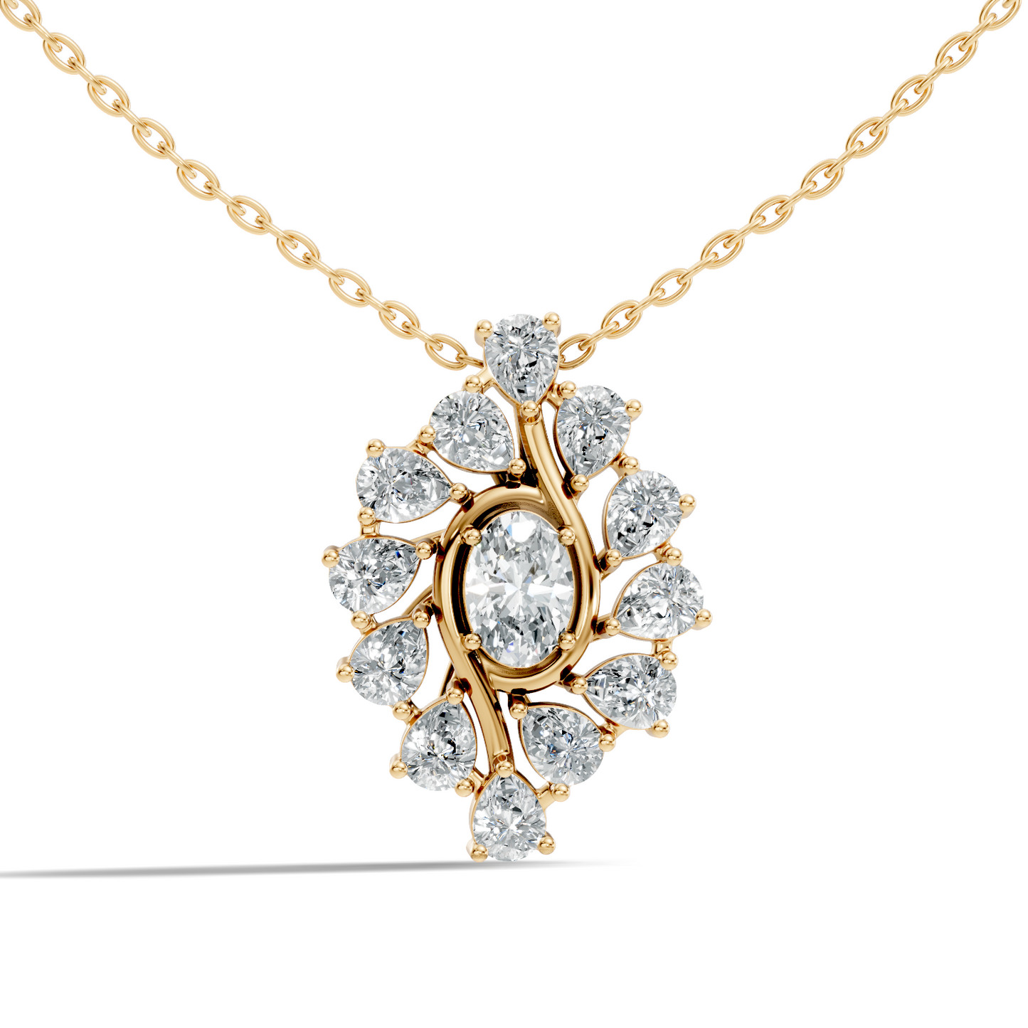 Oval Lab-Grown Diamond Floral Halo Pendant 14K White Gold Necklace With Pear Elegence