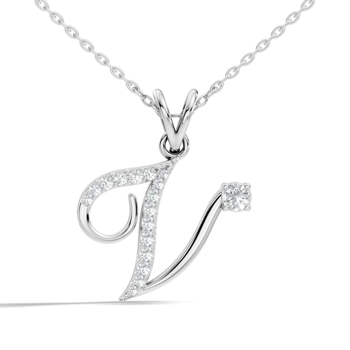 Dainty Round Cut Diamond V Pendant 14K Solid White Gold Minimalist Alphabet Necklace