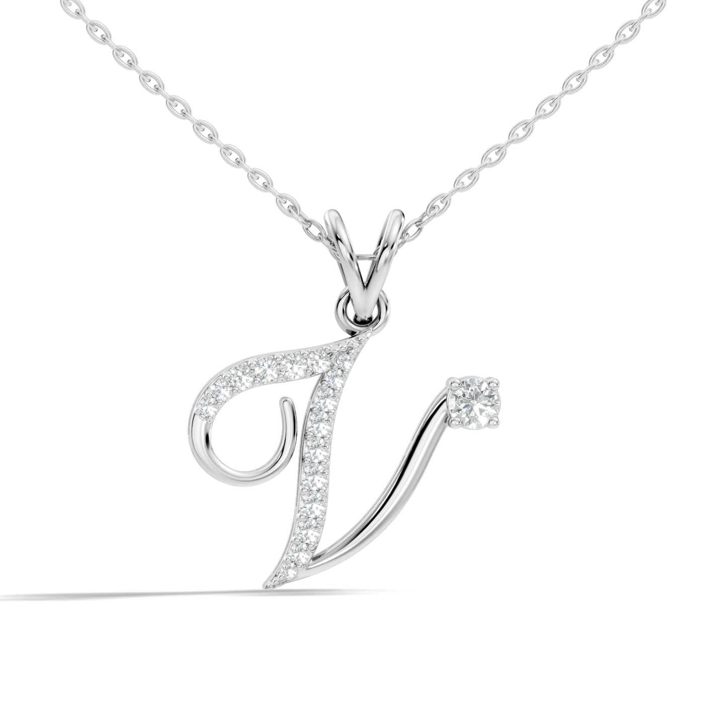Dainty Round Cut Diamond V Pendant 14K Solid White Gold Minimalist Alphabet Necklace