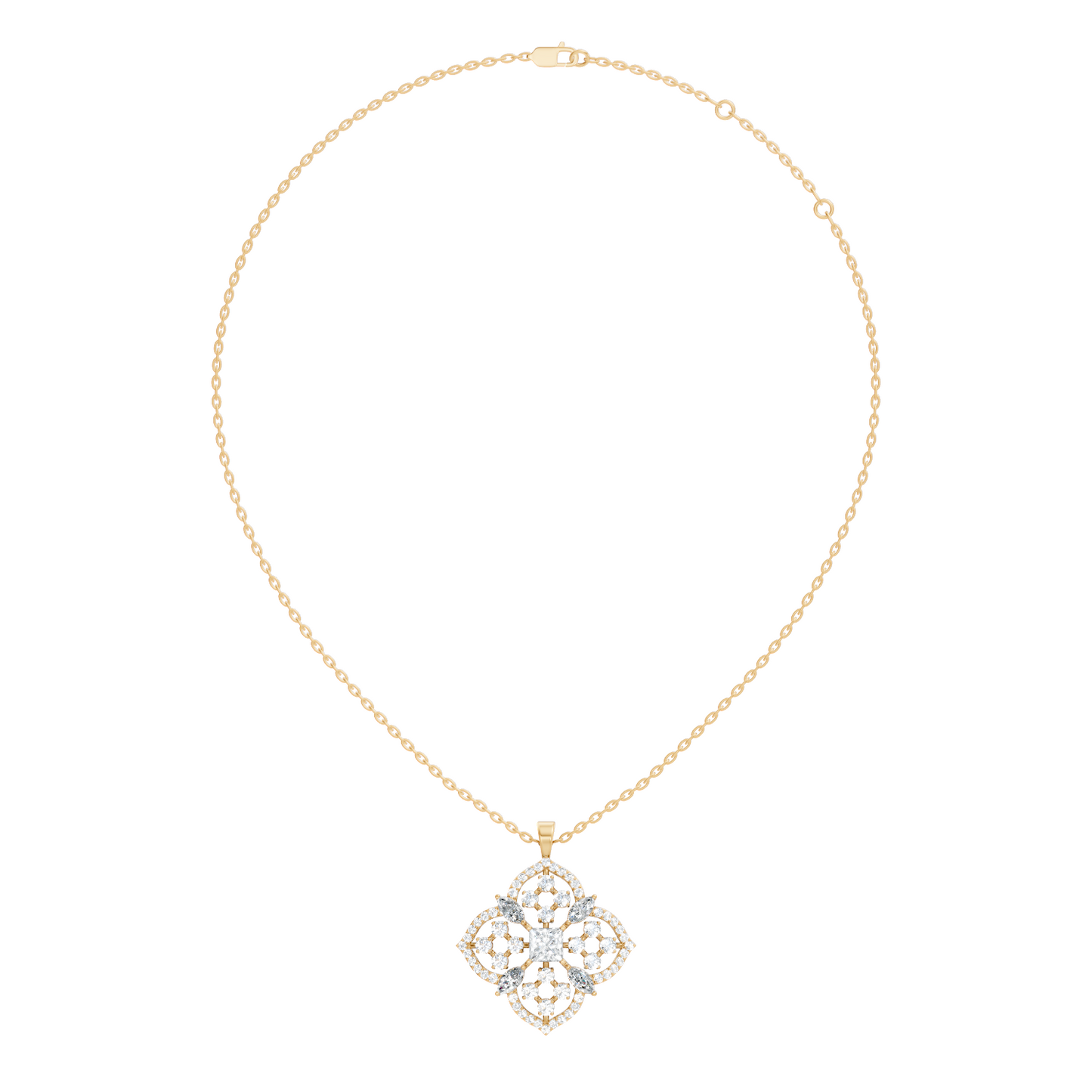 Handcrafted Marquise and Princess Diamond Gold Pendant Special Gift For Her In 14K Solid Gold