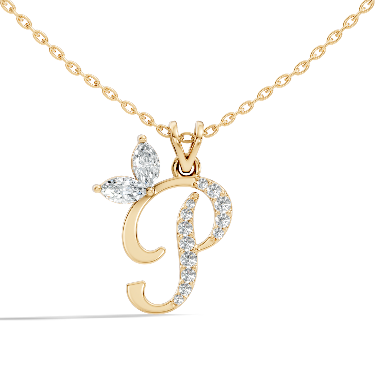 14K Gold Unisex Pendant with Round & Marquise Cut Diamonds Alphabet P Inspired Jewelry