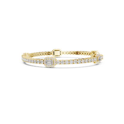 14 K Solid Yellow Gold Emerald Cut Natural Diamond Round Antique Stunning Perfect Line Bracelet Anniversary Gift For Her