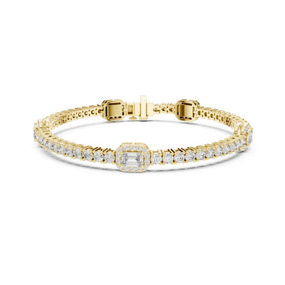 14 K Solid Yellow Gold Emerald Cut Natural Diamond Round Antique Stunning Perfect Line Bracelet Anniversary Gift For Her