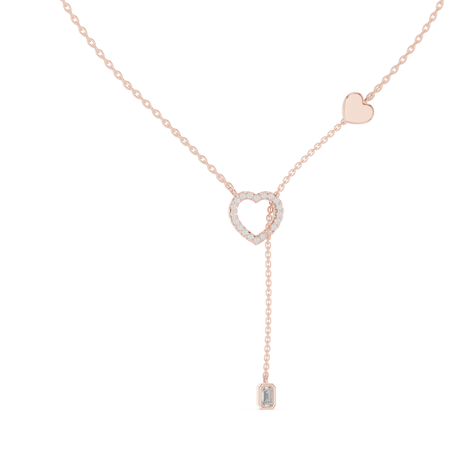 14k Solid Gold Heart Shapes Round & Emerald Cut Natural & Lab Grown Diamond Necklace For Birthday