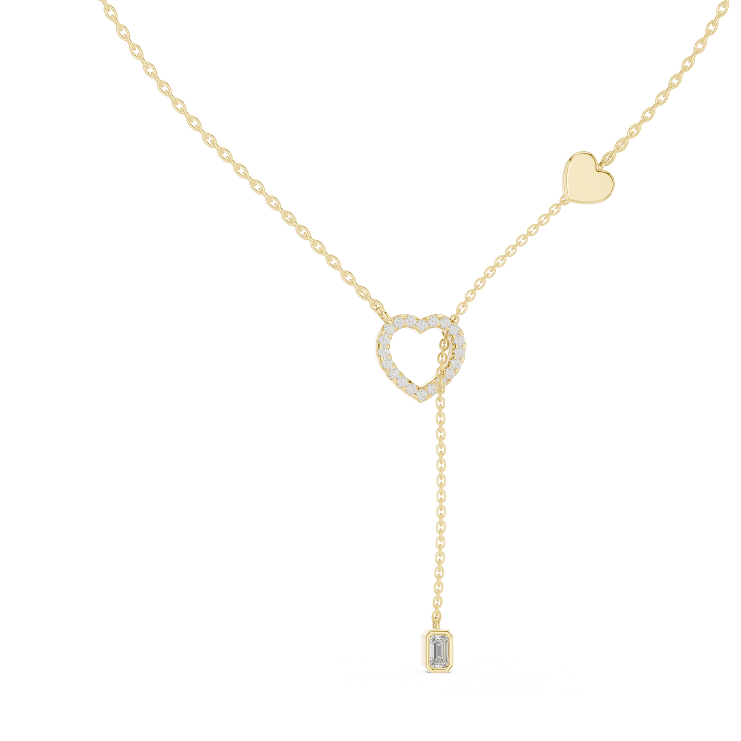 14k Solid Gold Heart Shapes Round & Emerald Cut Natural & Lab Grown Diamond Necklace For Birthday