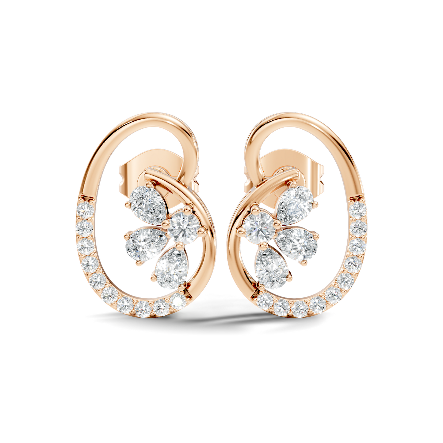 Elegant Oval Frame Floral Pear And Round Diamond Stud Earrings In 14K Solid Rose Gold