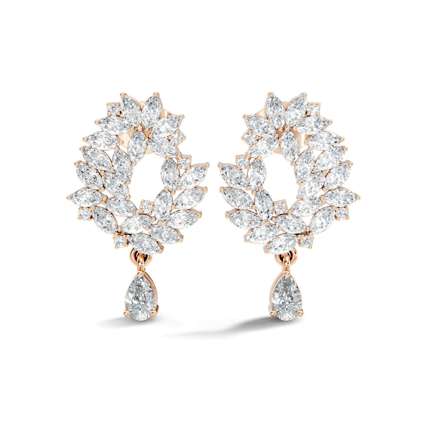 14K Rose Gold Marquise Cluster Earrings with Pear Drop Wedding & Party Jewelry For Her